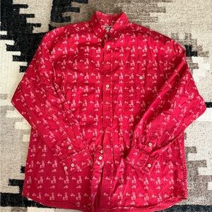 Red Barn Fly Western Rodeo button up shirt with white cowboys and horses Size M